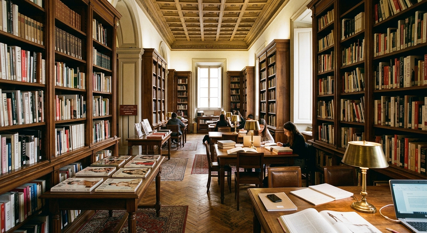 Historic library interior at Accademia Costume e Moda, shelves filled with fashion monographs and vintage magazines, reading tables, warm ambient lighting, archival fashion periodicals on display