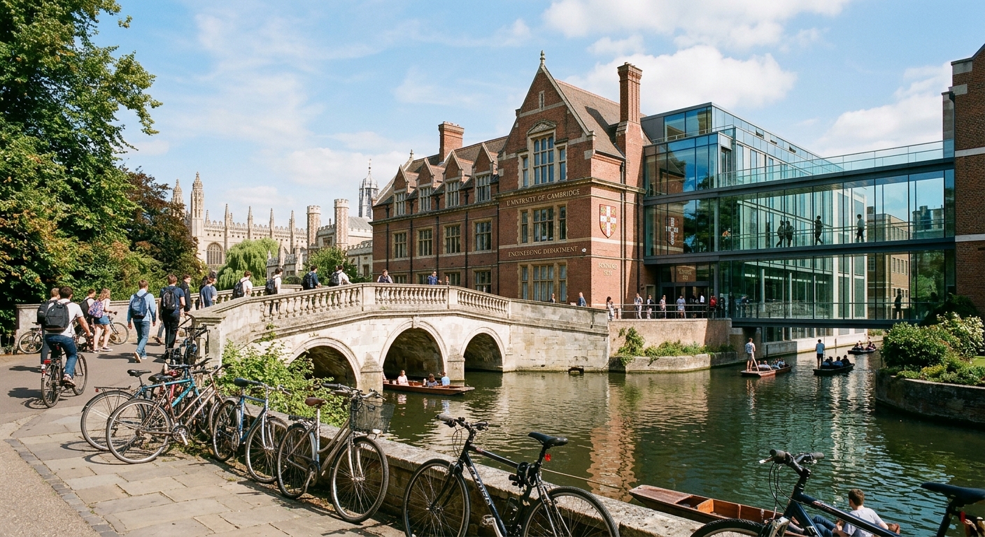 Historic University of Cambridge Engineering Department building with modern glass extensions, bicycles parked along the River Cam, students walking across a stone bridge on a sunny day in Cambridge, United Kingdom