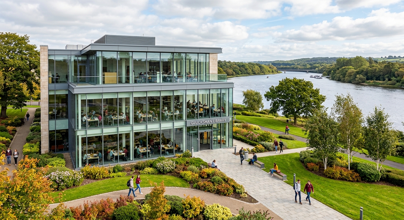 Glucksman Library at University of Limerick, a modern academic building with large glass windows, students studying inside, surrounded by landscaped gardens and the River Shannon in the background
