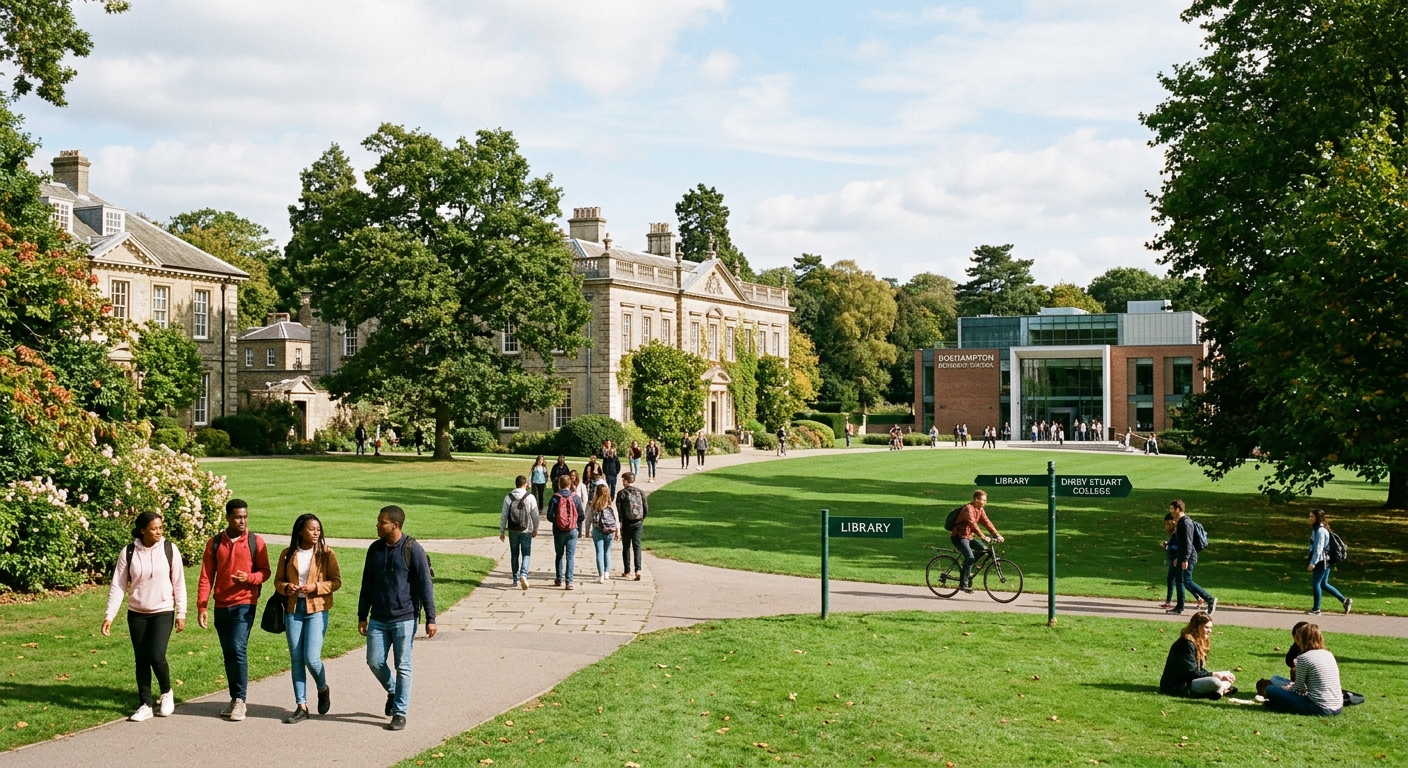 University of Roehampton parkland campus in south-west London with historic collegiate buildings surrounded by green lawns, students walking between lecture halls, modern business school facilities visible in the background