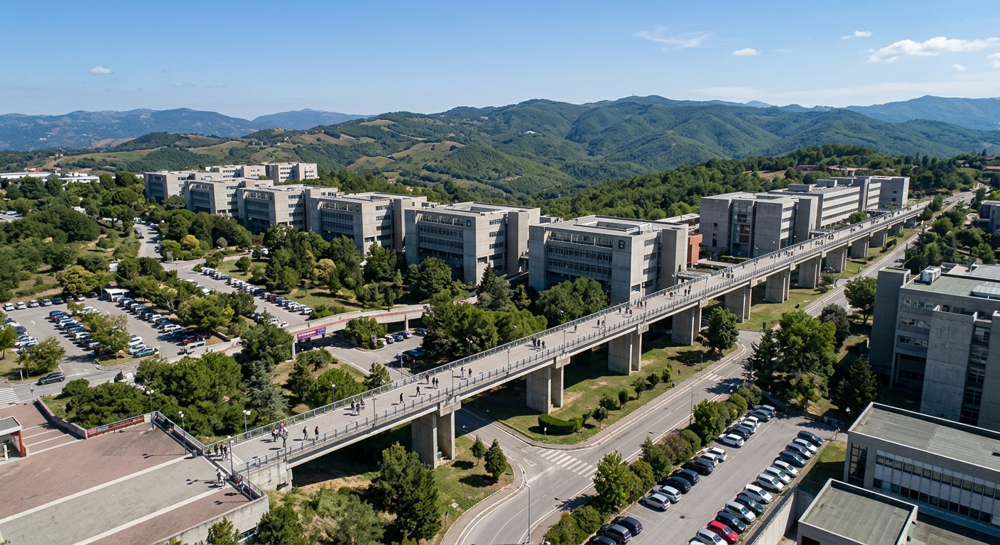 University of Calabria Pietro Bucci bridge aerial view, long concrete pedestrian bridge connecting cube-shaped modern buildings, green hills of Arcavacata in background, clear blue sky