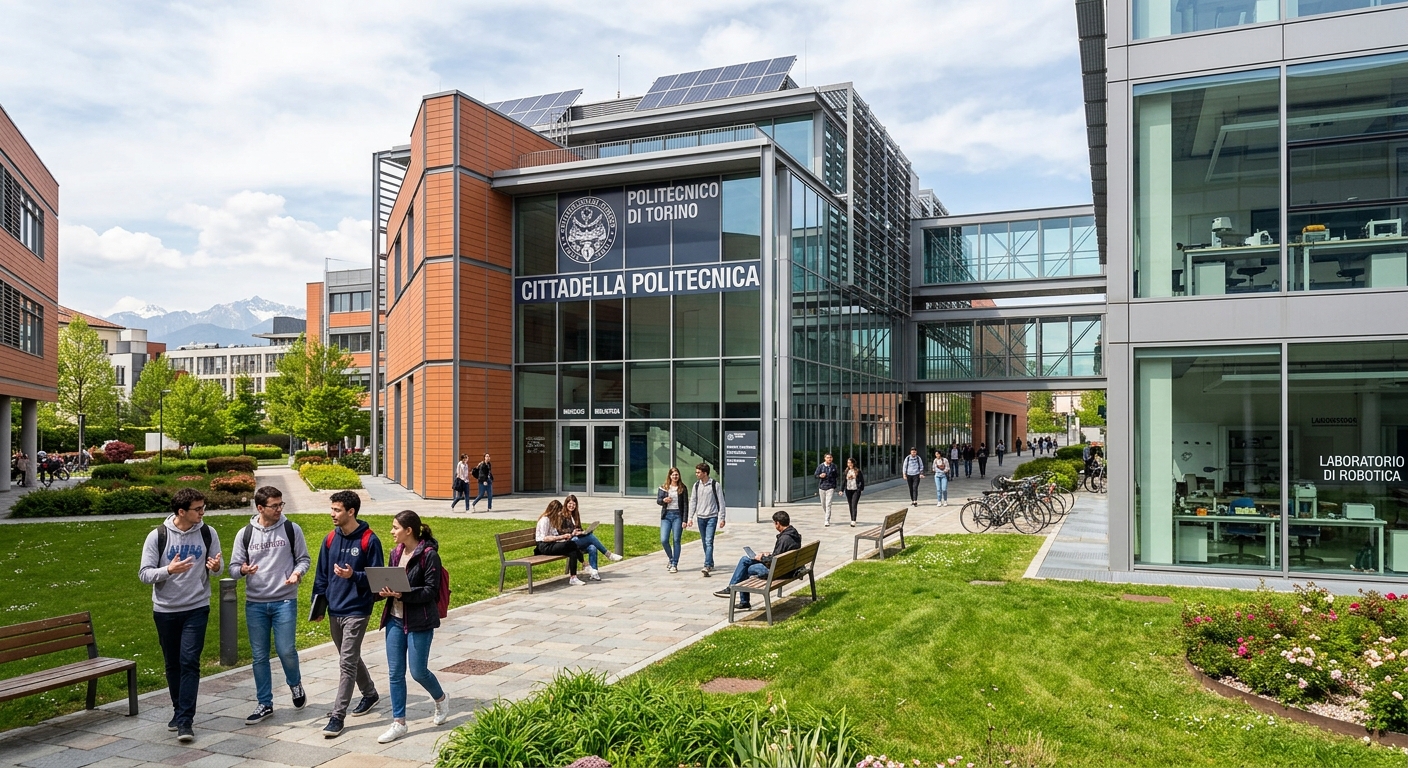 Modern engineering campus of Politecnico di Torino with students walking near the Cittadella Politecnica complex, contemporary architecture, Italian university setting with green courtyards and technology labs