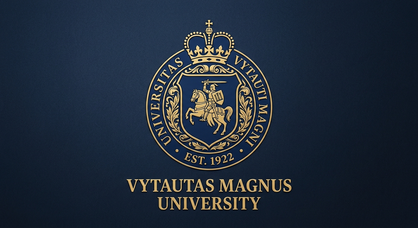 Vytautas Magnus University official logo featuring the university crest with Latin inscription Universitas Vytauti Magni, dark blue and gold color scheme