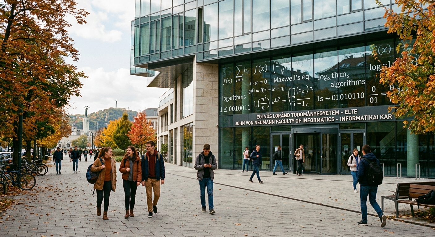 Modern university campus building in Budapest Hungary with students walking near the John von Neumann Faculty of Informatics, mathematical equations subtly overlaid on glass facade, autumn trees lining the pathway