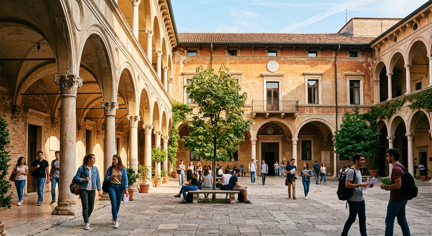 University of Verona historic campus building with arched colonnades, students walking through courtyard, Italian Renaissance architecture, warm sunlight, green trees and academic atmosphere in Verona Italy