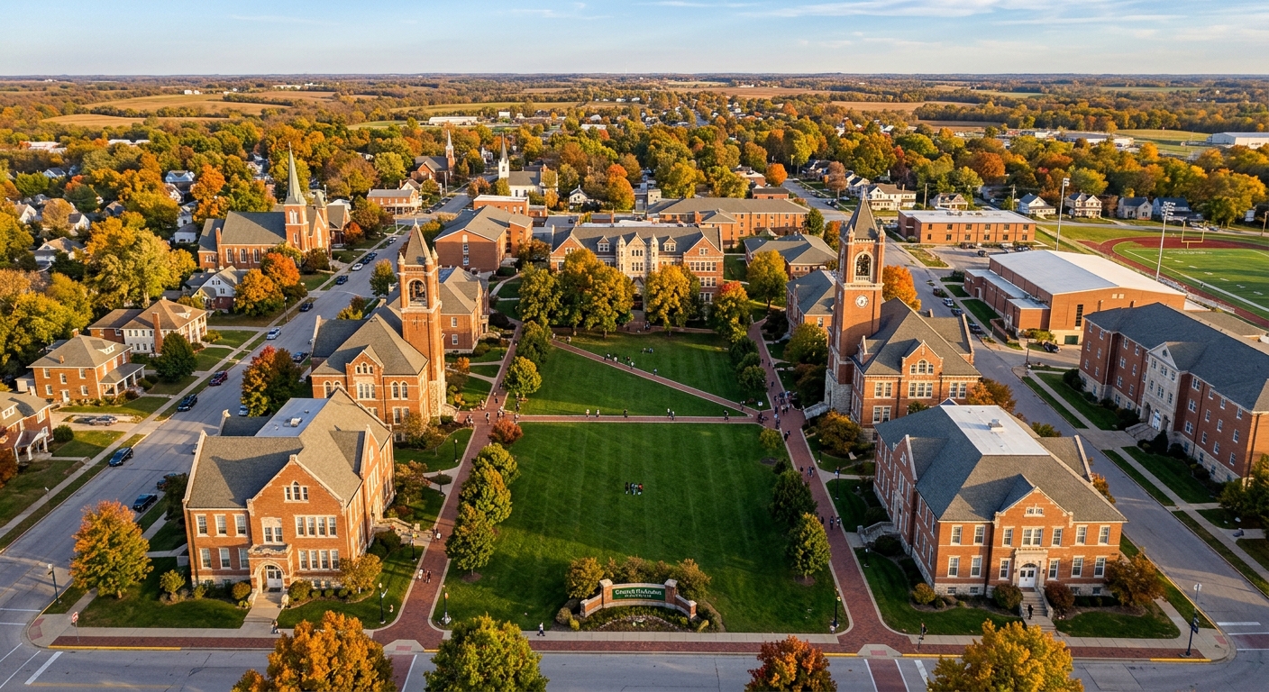 Central Methodist University historic campus aerial view, brick and stone buildings surrounded by tree-lined walkways, green quad area in center, small-town Fayette Missouri setting, warm afternoon light