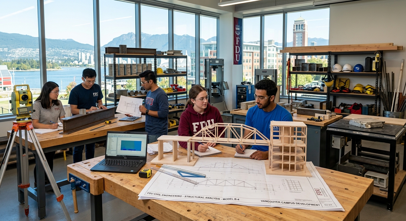 Modern civil engineering laboratory with students examining structural models and blueprints, Fairleigh Dickinson University campus in Vancouver Canada, bright natural lighting, construction materials and surveying equipment visible