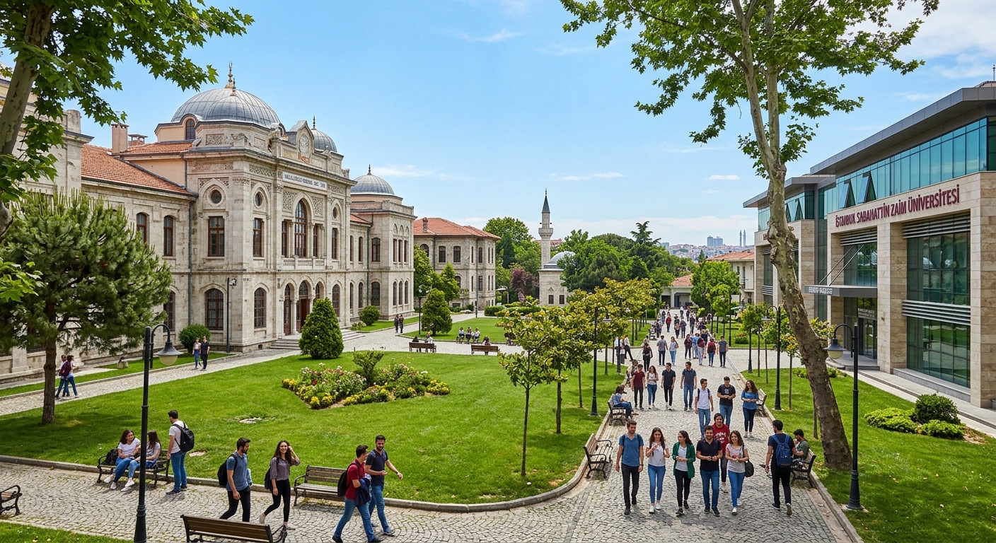 Istanbul Sabahattin Zaim University historic Halkalı campus with green courtyards, Ottoman-era stone buildings, and modern lecture halls, students walking between classes on tree-lined paths under a clear Istanbul sky