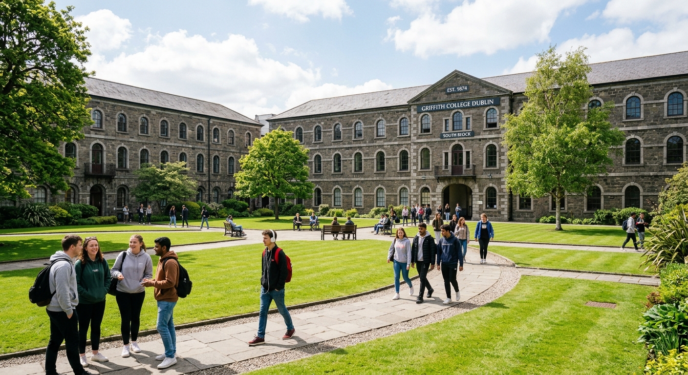 Griffith College Dublin main campus courtyard, historic stone barracks buildings from 1813 with arched windows, green manicured lawns, students walking through pathways, bright daylight