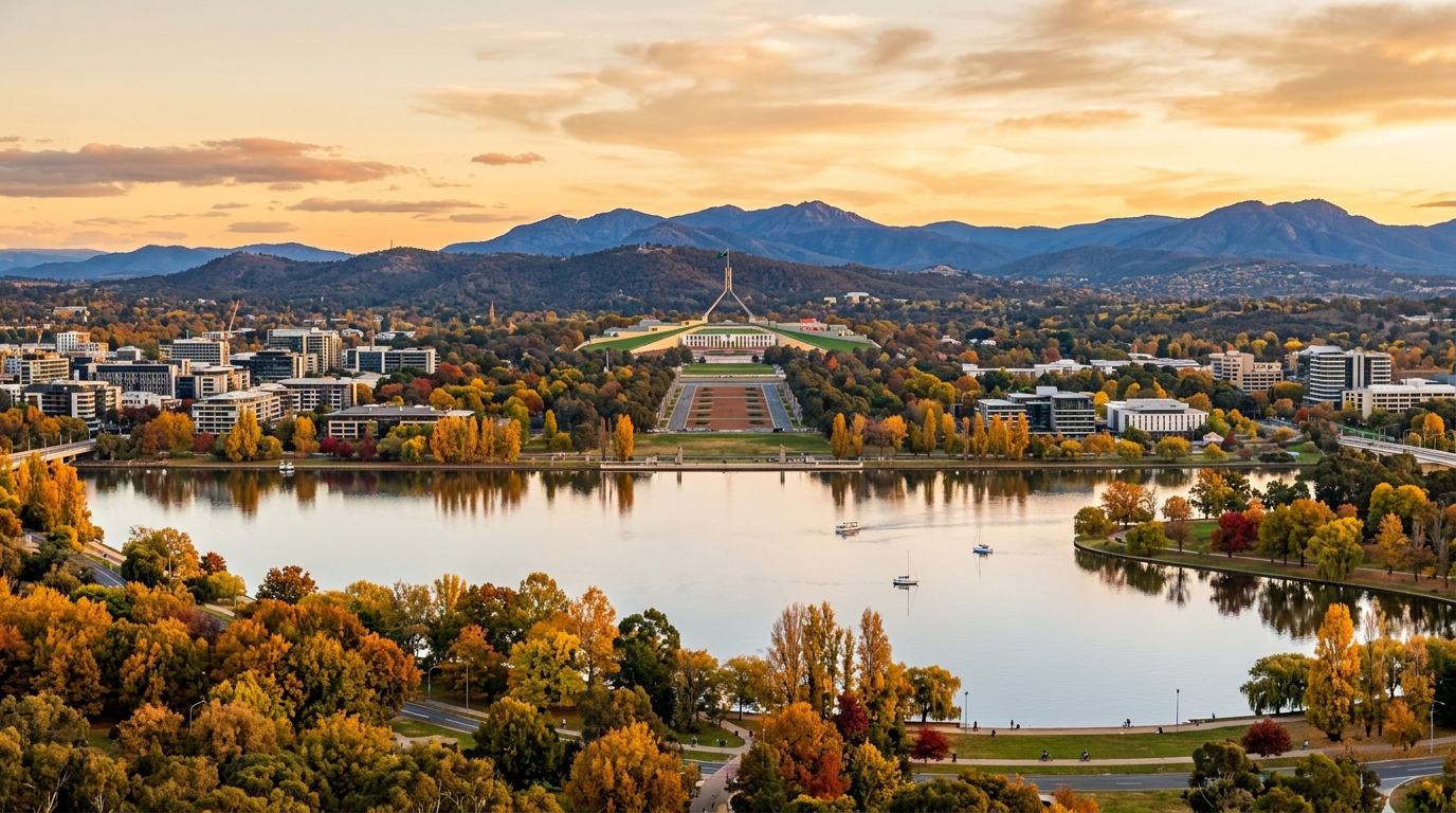 Canberra cityscape panoramic view, Parliament House in the distance, Lake Burley Griffin reflecting autumn foliage, clean modern city with mountains in background, golden hour lighting