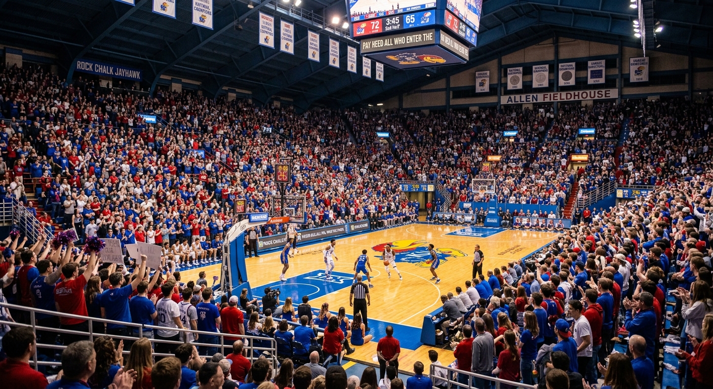 Allen Fieldhouse interior packed with fans in crimson and blue during a Kansas Jayhawks basketball game, showing the iconic basketball court and steep seating sections