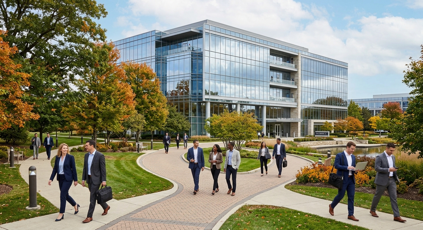 Modern professional campus building in Oak Brook Illinois with glass facade, mature trees, and business professionals walking along pathways in a suburban corporate setting near Chicago
