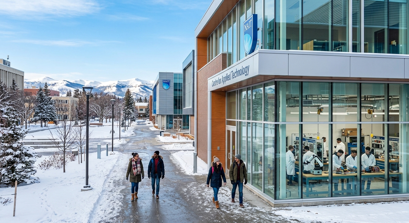 Modern polytechnic campus building at NAIT in Edmonton, Alberta, Canada with students walking between buildings, electrical engineering lab equipment visible through large windows, clear blue sky, snow-capped landscape in background
