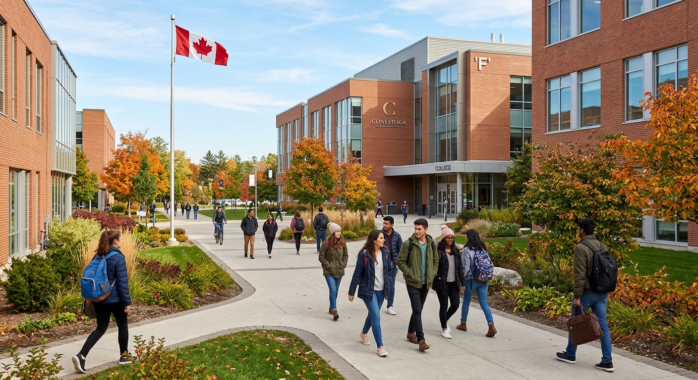 Modern college campus building at Conestoga College in Kitchener Ontario, students walking between red-brick academic buildings, green landscaped grounds, Canadian flag visible, bright autumn day