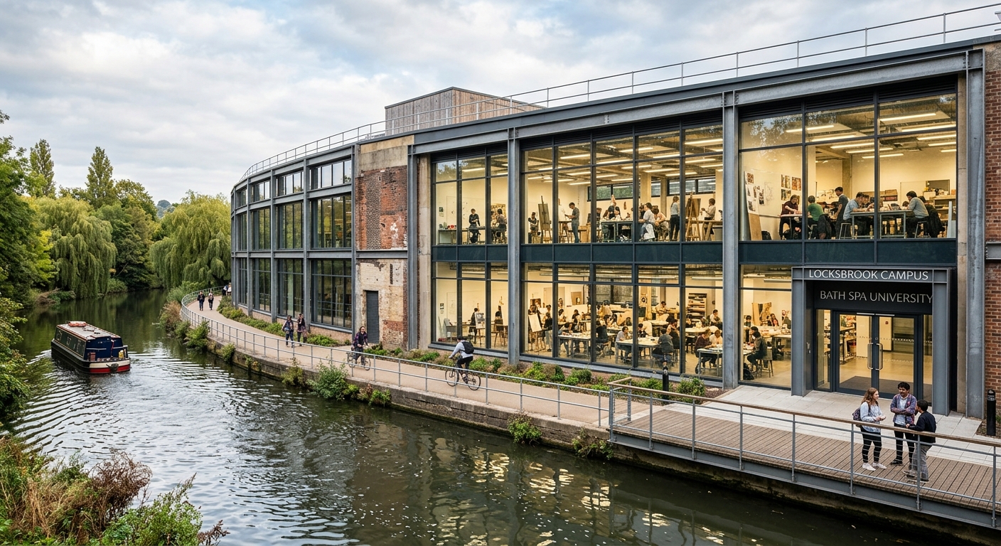 Locksbrook Campus modern industrial-style building with large glass windows on the banks of the River Avon, students visible through open-plan studio spaces inside
