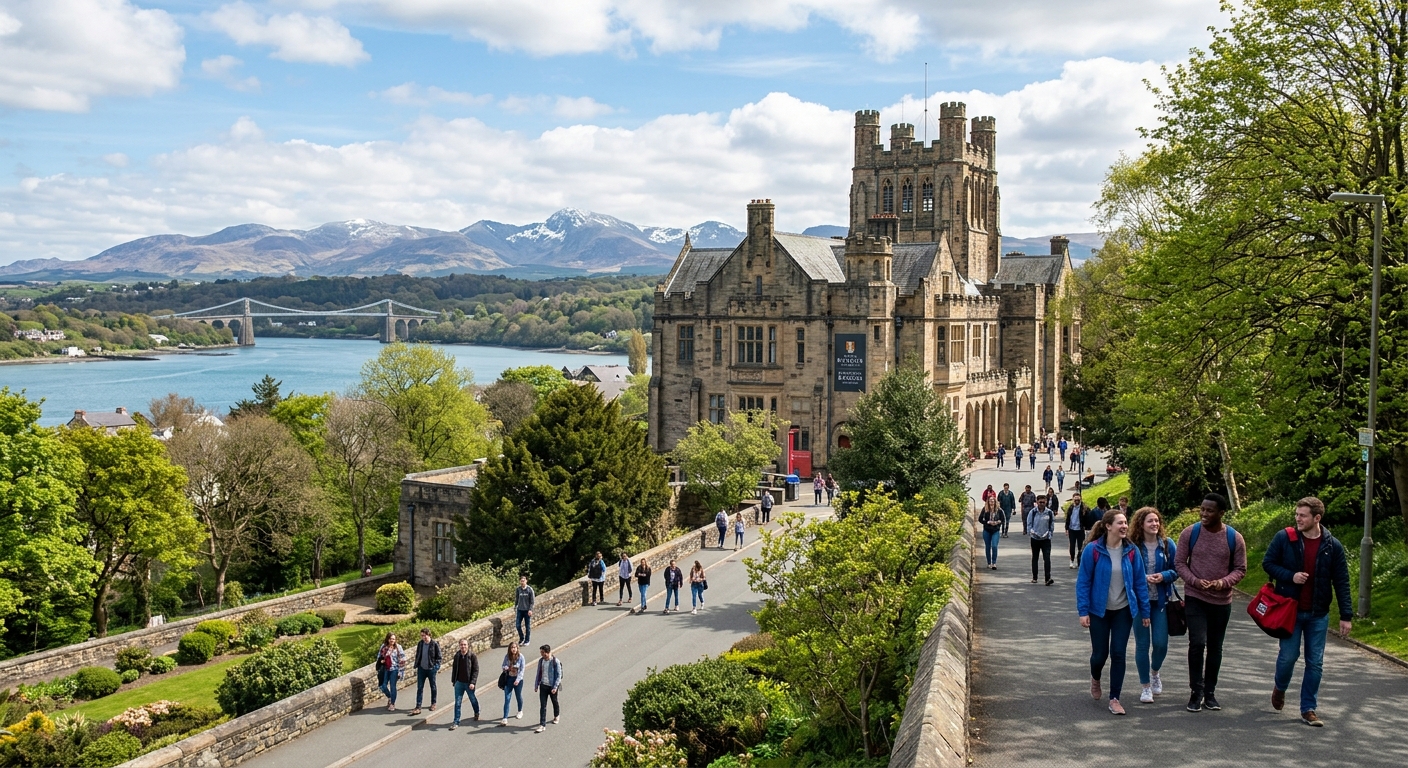 Bangor University campus with historic stone buildings set against the backdrop of Snowdonia mountains and the Menai Strait in North Wales, students walking along tree-lined paths on a bright day