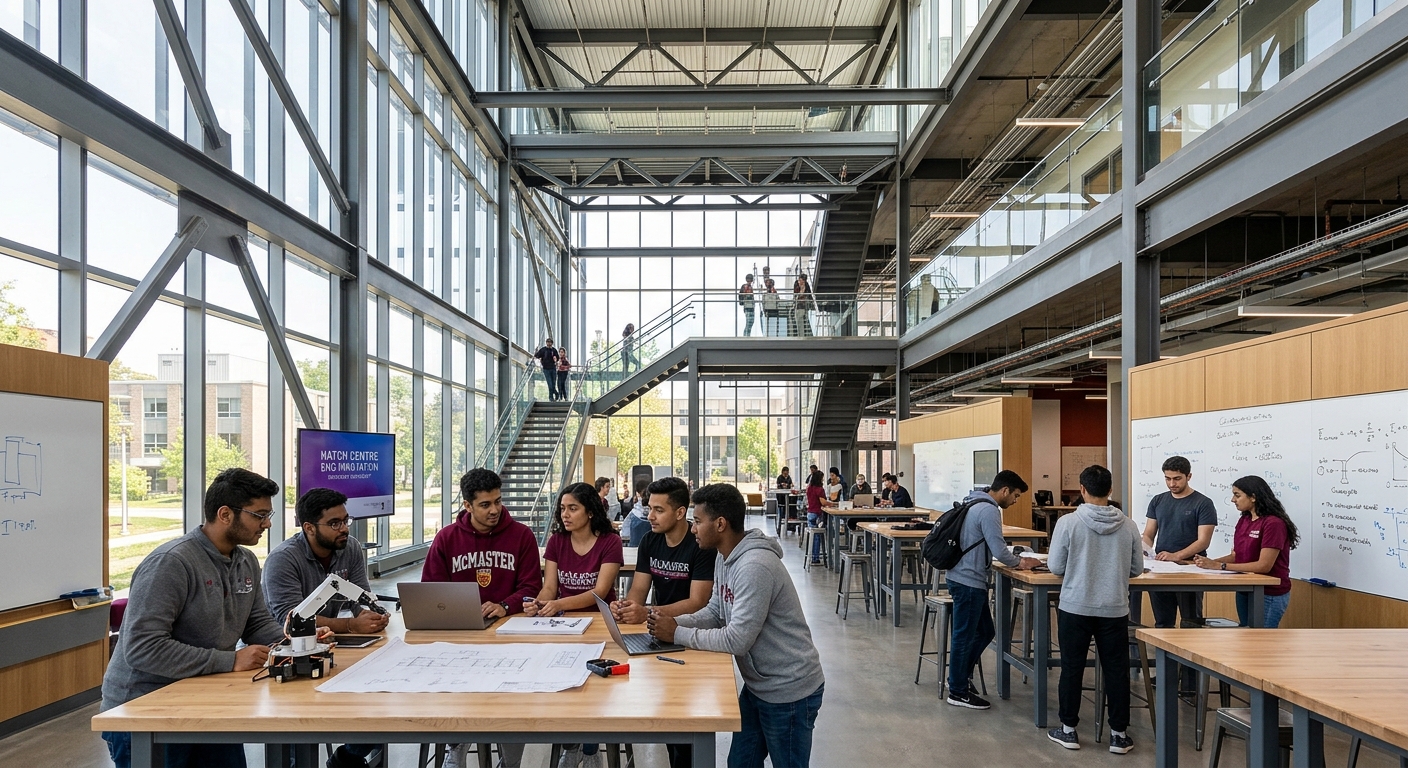 McMaster University Gerald Hatch Centre for Engineering Innovation, modern architectural design with exposed steel and glass, engineering students collaborating in open spaces
