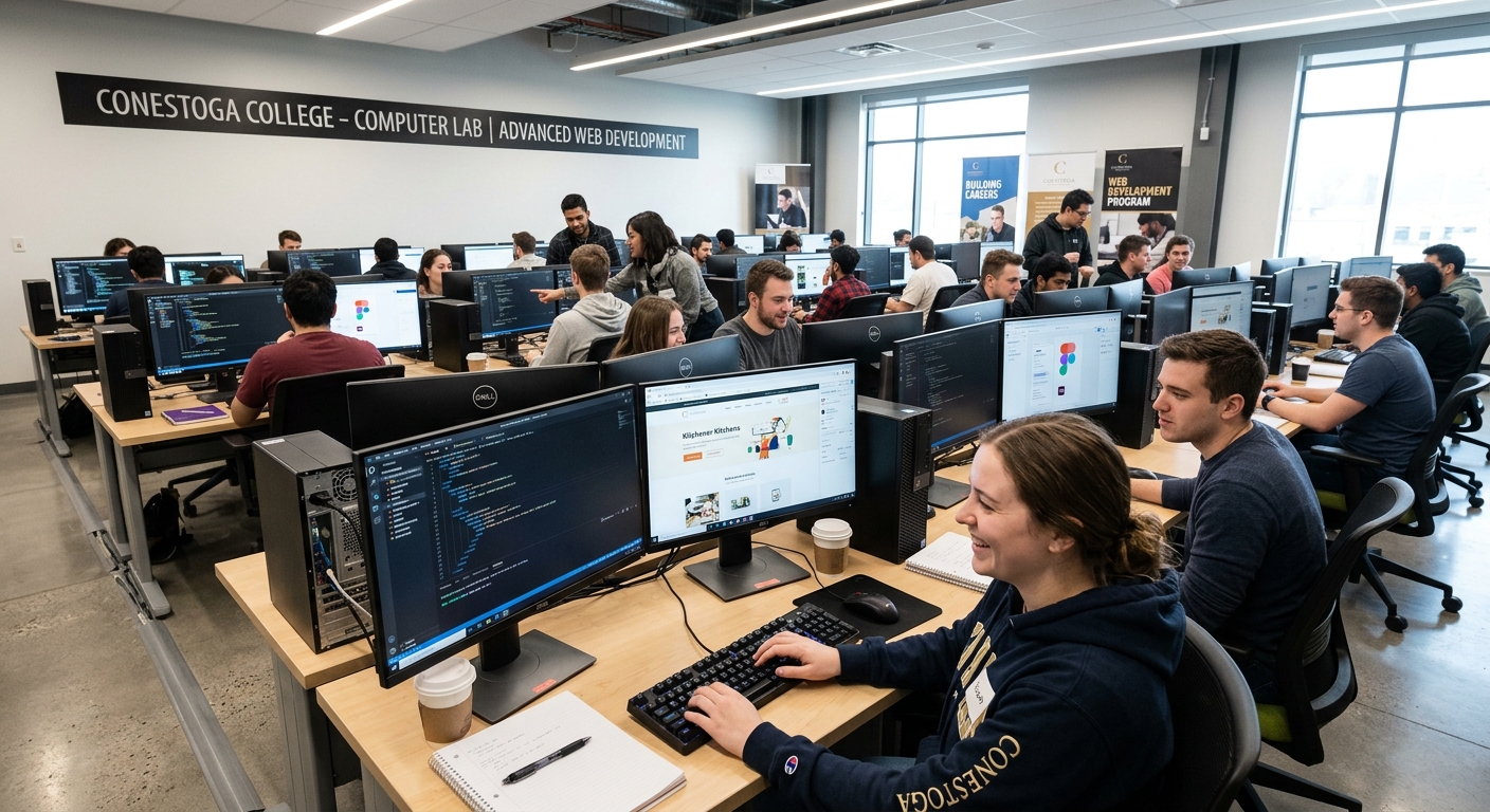 Modern computer lab at Conestoga College with students working on web development projects, dual monitors displaying code and website designs, bright overhead lighting, collaborative learning environment