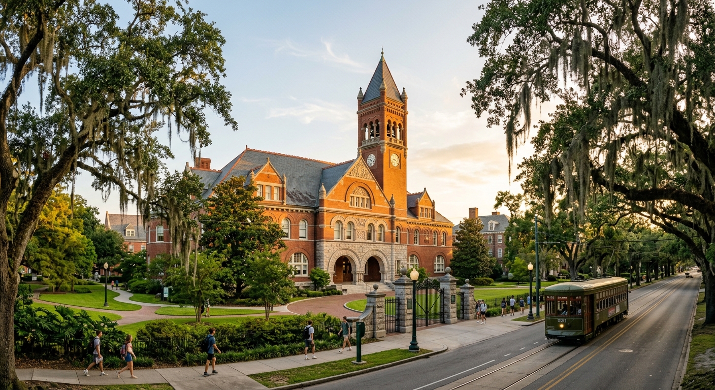 Tulane University campus wide shot featuring Gibson Hall's iconic Romanesque Revival architecture with live oak trees draped in Spanish moss along St. Charles Avenue, New Orleans, warm golden hour lighting