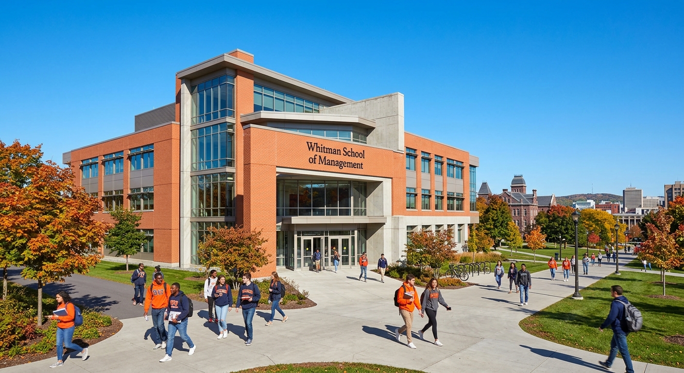 Syracuse University Whitman School of Management building exterior with orange brick facade, students walking on campus paths lined with trees, clear sky over Syracuse New York campus