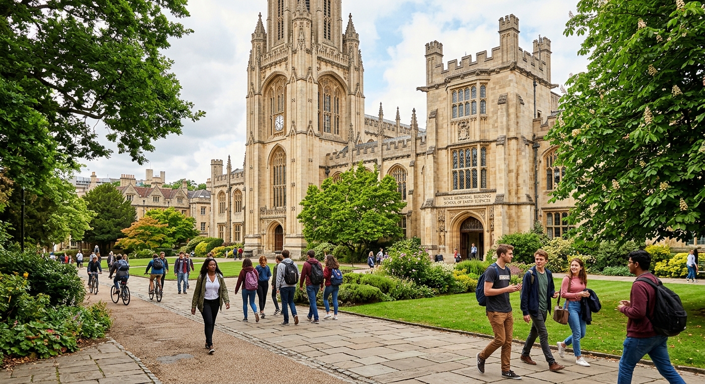 University of Bristol School of Earth Sciences building with Gothic architecture, students walking through campus grounds, lush green trees and historic stone facades in Bristol, United Kingdom