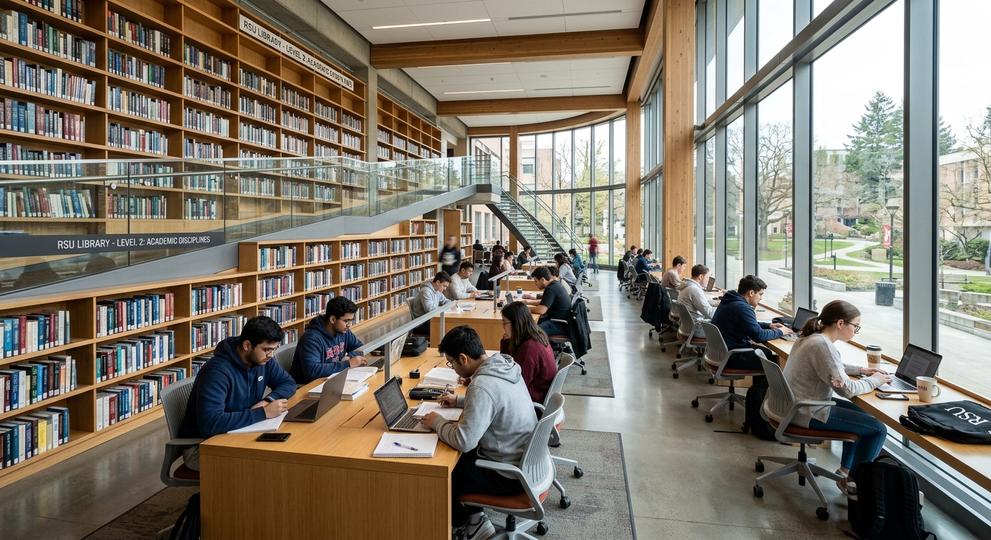 RSU modern library interior with students studying at desks, floor-to-ceiling bookshelves, natural light streaming through large windows, quiet academic atmosphere
