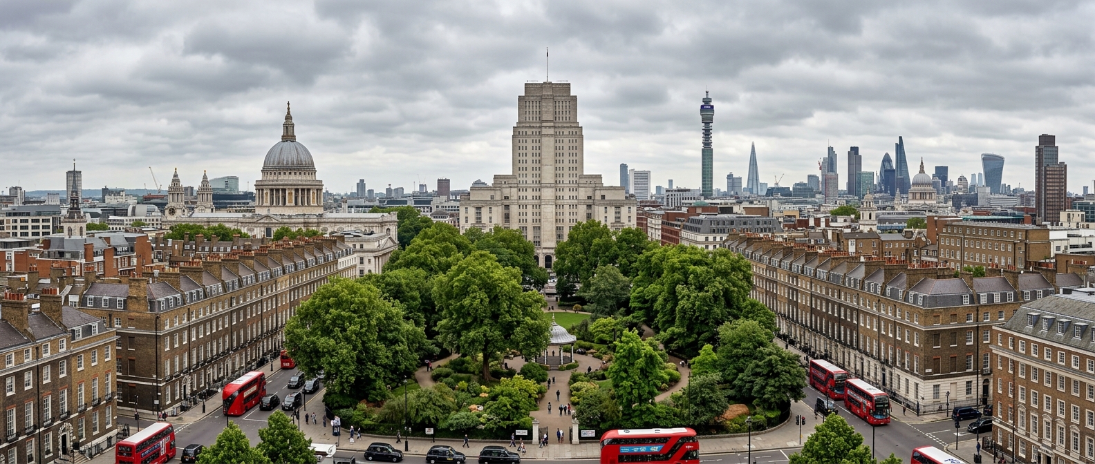 London skyline panoramic view from Bloomsbury, showing the British Museum dome, Senate House tower, Russell Square gardens, red double-decker buses, historic Georgian townhouses, overcast sky