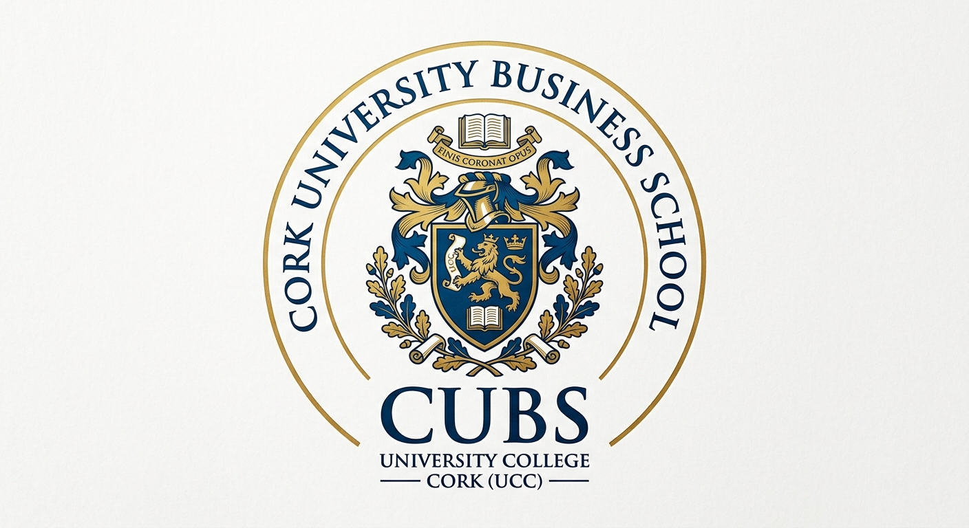 Cork University Business School CUBS logo featuring the University College Cork crest with shield and academic motifs in blue and gold