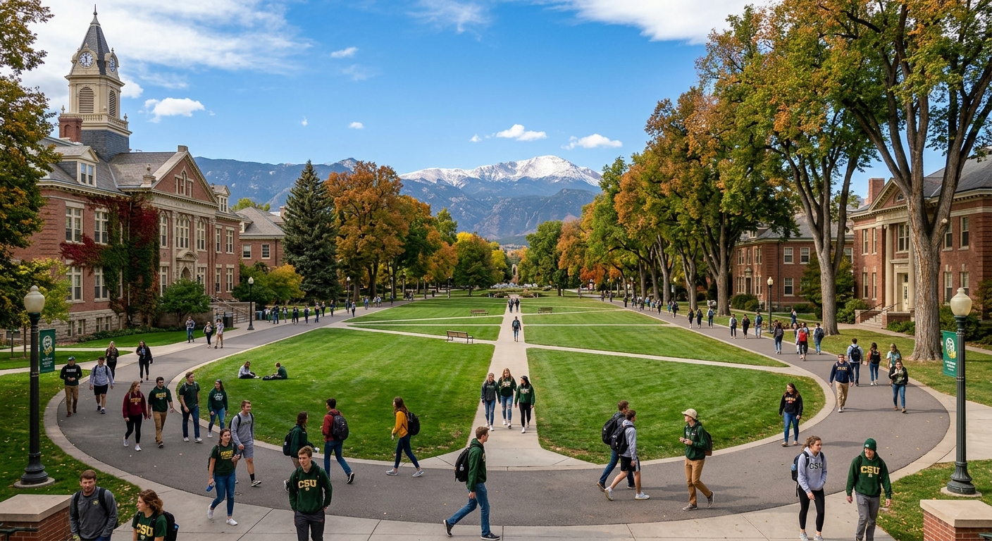 The Oval at Colorado State University with students walking along tree-lined paths, historic brick buildings on either side, green grass and mountain views in the distance