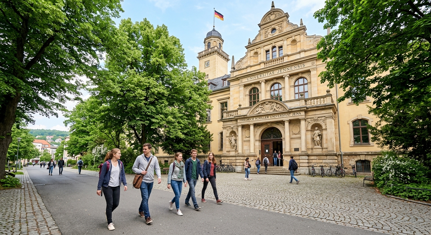 Friedrich Schiller University Jena historic main building with Fürstengraben entrance, classical architecture surrounded by green trees, students walking on campus paths in Jena, Thuringia, Germany