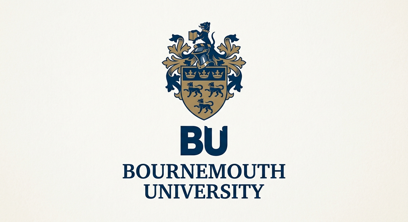 Bournemouth University official logo featuring the university name in dark blue text with the BU monogram and coat of arms showing three Talbot dogs and Saxon crowns
