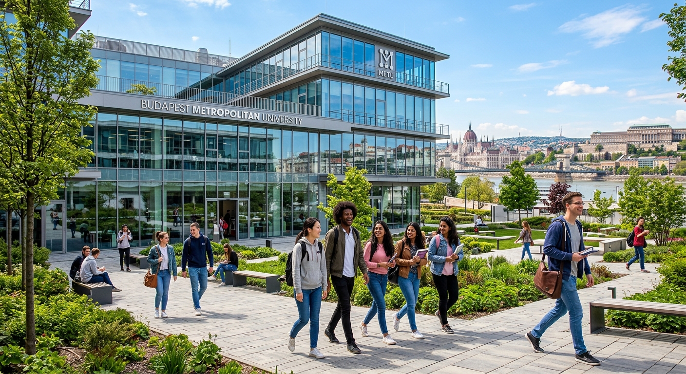 Modern Budapest Metropolitan University campus building with glass facade, international students walking through a landscaped courtyard, Hungarian cityscape visible in background, bright sunny day