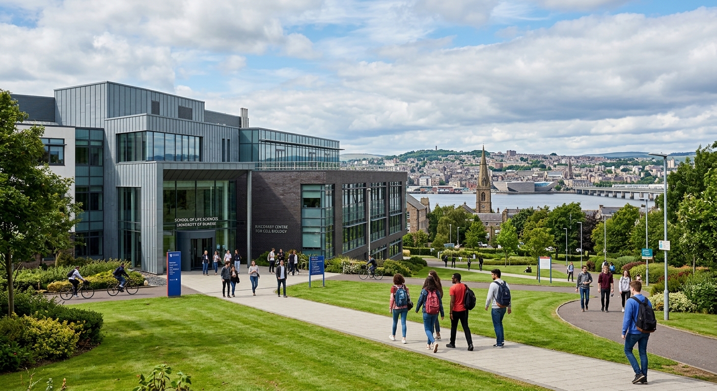 University of Dundee School of Life Sciences building exterior with modern architecture, green campus grounds, students walking near the entrance, Scottish cityscape visible in the background under partly cloudy skies