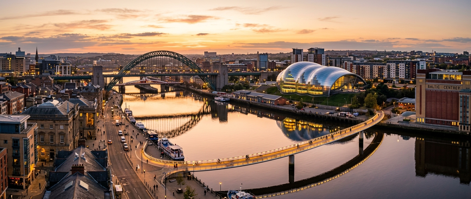 Newcastle upon Tyne cityscape panorama, iconic Tyne Bridge and Millennium Bridge over River Tyne, Gateshead Quayside, historic and modern buildings, evening golden hour light reflecting on water