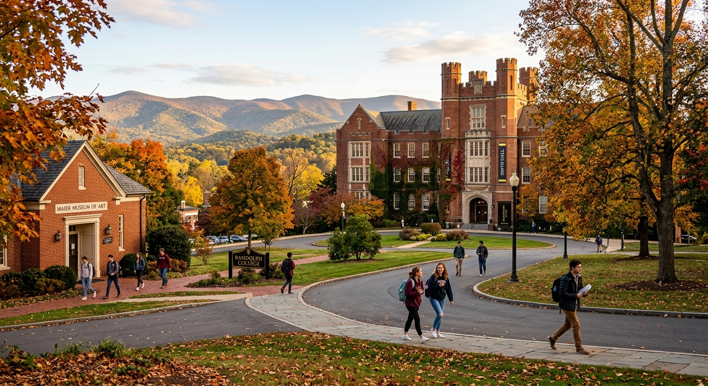 Historic red-brick campus building at Randolph College in Lynchburg Virginia, with tree-lined pathways, students walking near the Maier Museum of Art, Blue Ridge Mountains visible in the background, warm autumn light
