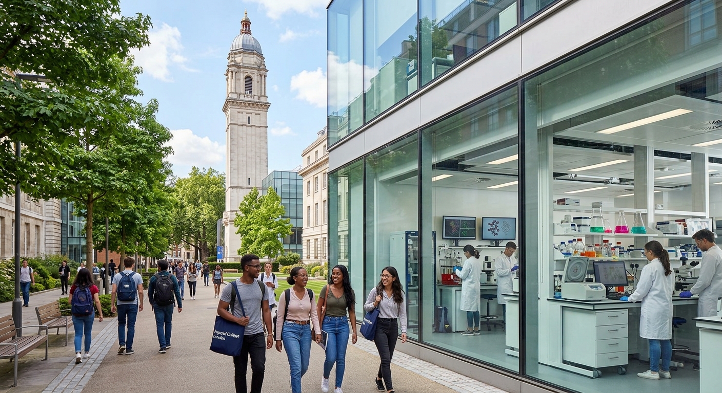 Imperial College London South Kensington campus with the Queen's Tower in the background, modern bioengineering laboratory equipment visible through glass windows, students walking along tree-lined pathways on a bright day
