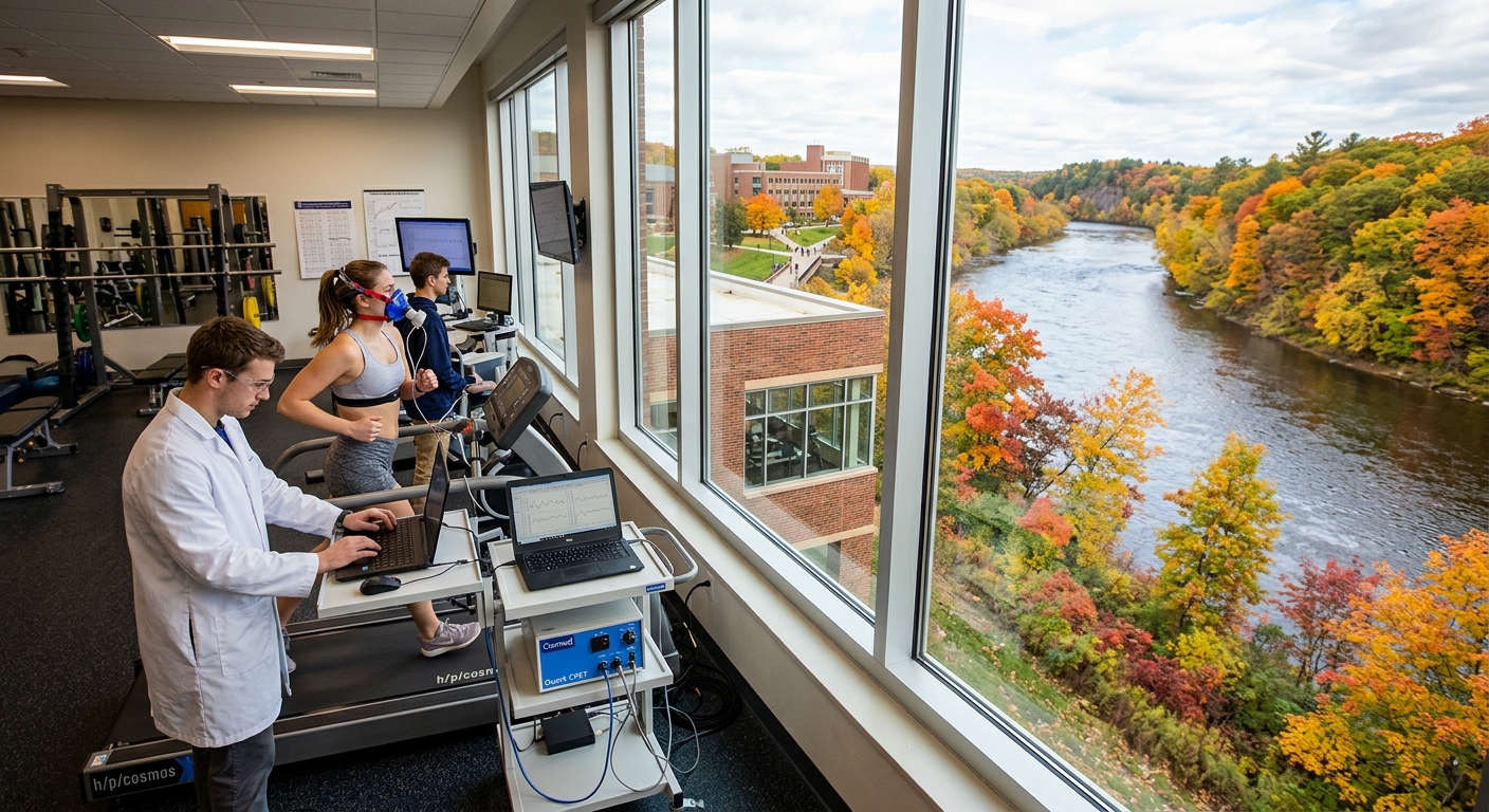 University of Wisconsin-Eau Claire campus along the Chippewa River, McPhee Physical Education Center with modern kinesiology laboratories, students conducting exercise physiology testing with treadmills and metabolic equipment, autumn foliage in western Wisconsin