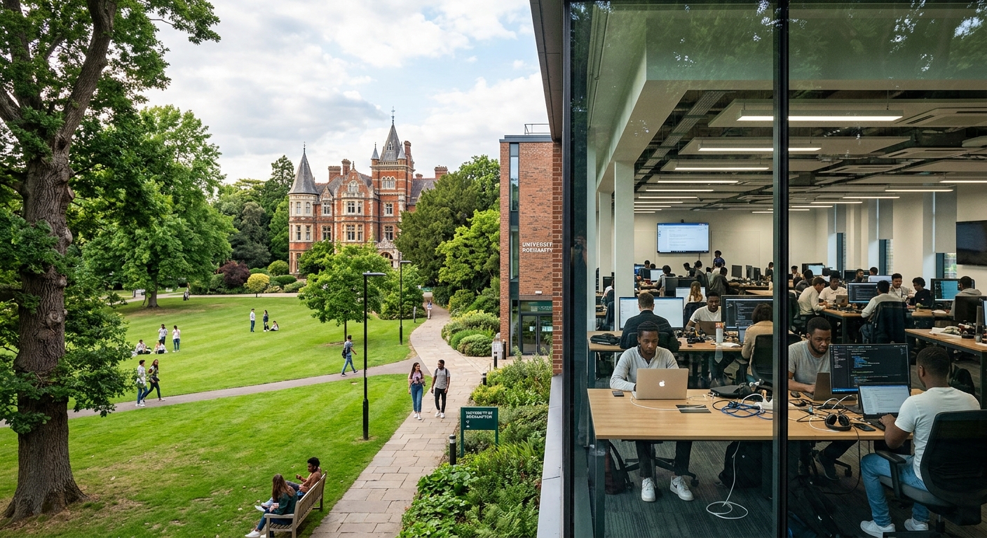 University of Roehampton campus with historic parkland setting in southwest London, modern computing lab with students working on laptops, green lawns and Victorian architecture in the background