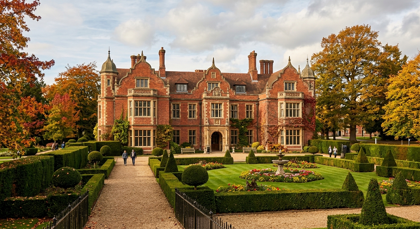 Heslington Hall at the University of York, Tudor manor house with red brick facade, manicured gardens, historic Grade II listed building, autumn foliage