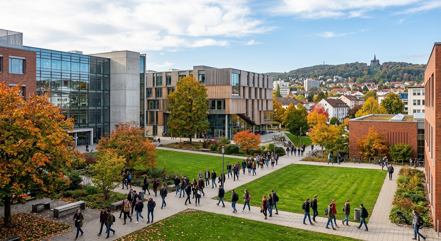 University of Kassel Holländischer Platz campus with modern academic buildings, students walking through green courtyard, Kassel cityscape in background, bright autumn day