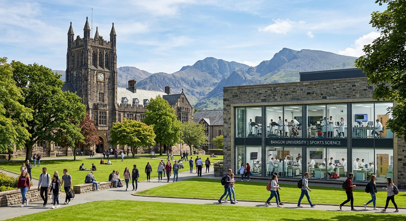 Bangor University campus with historic stone buildings set against the backdrop of Snowdonia mountains, students walking across green lawns with sports science laboratory equipment visible through large windows, bright natural daylight