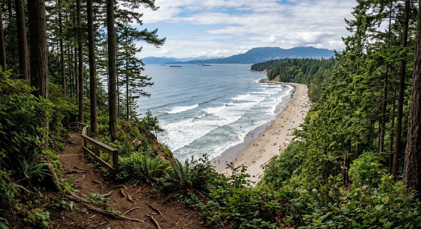 UBC Wreck Beach and coastline viewed from campus trails, Pacific Ocean waves, lush temperate rainforest, sandy shoreline