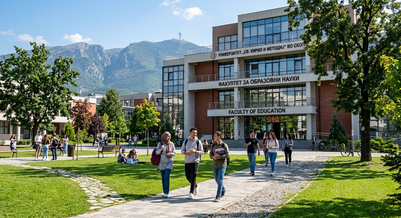 Modern university campus in Skopje North Macedonia, Faculty of Education building with international students walking through green courtyard, Balkan mountain backdrop, bright sunny day
