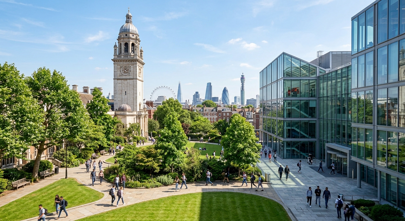 Imperial College London South Kensington campus with iconic Queen's Tower, modern glass buildings, students walking through green courtyard, London cityscape in background, sunny day