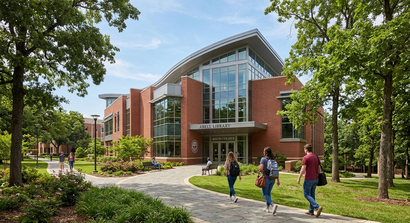 Abell Library building at Austin College with contemporary architecture surrounded by trees and walking paths