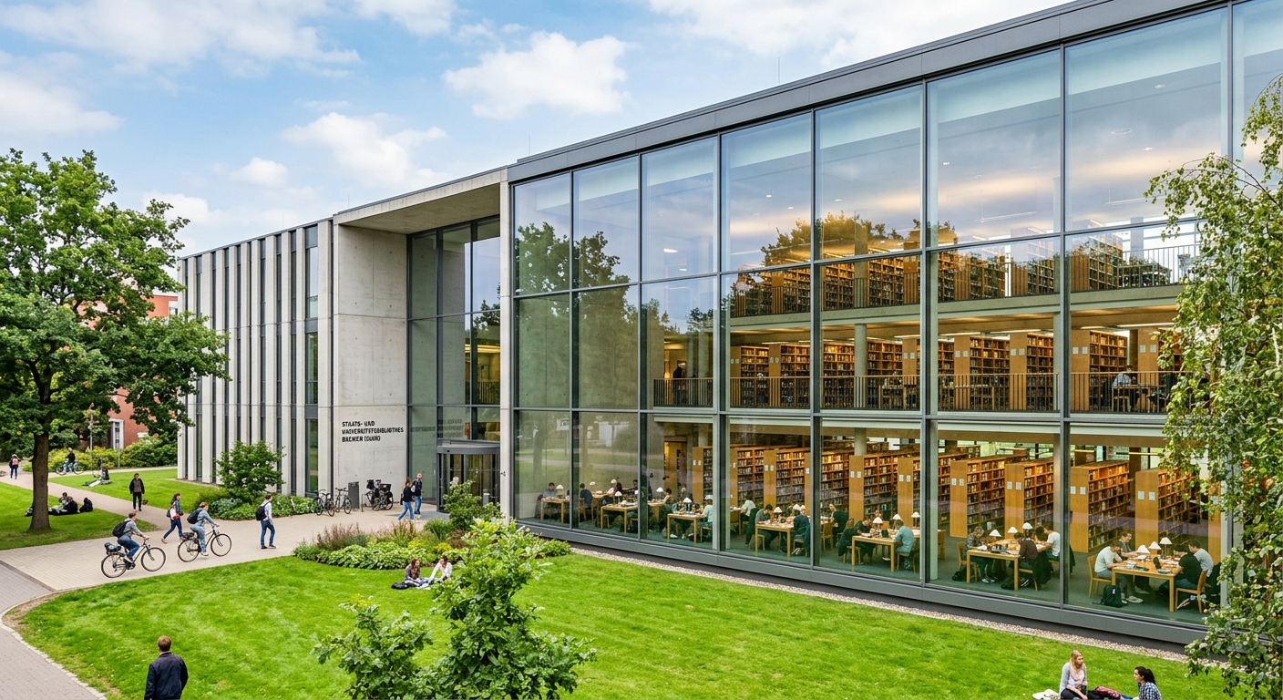 State and University Library Bremen (SuUB) modern building with large glass facade, students studying at tables inside, bookshelves visible through windows, green lawn in foreground
