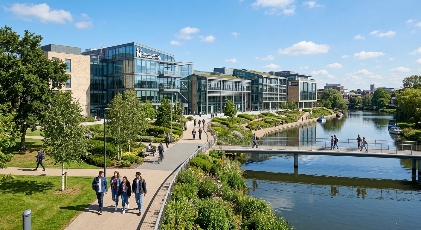 Modern Waterside Campus of the University of Northampton, contemporary glass and steel buildings along the River Nene, students walking on pathways surrounded by green landscaping, bright daylight with blue sky