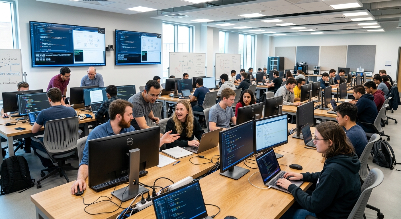 Modern university computing lab with students working on laptops and desktop computers, coding on screens, collaborative learning environment with bright overhead lighting and digital displays showing programming code