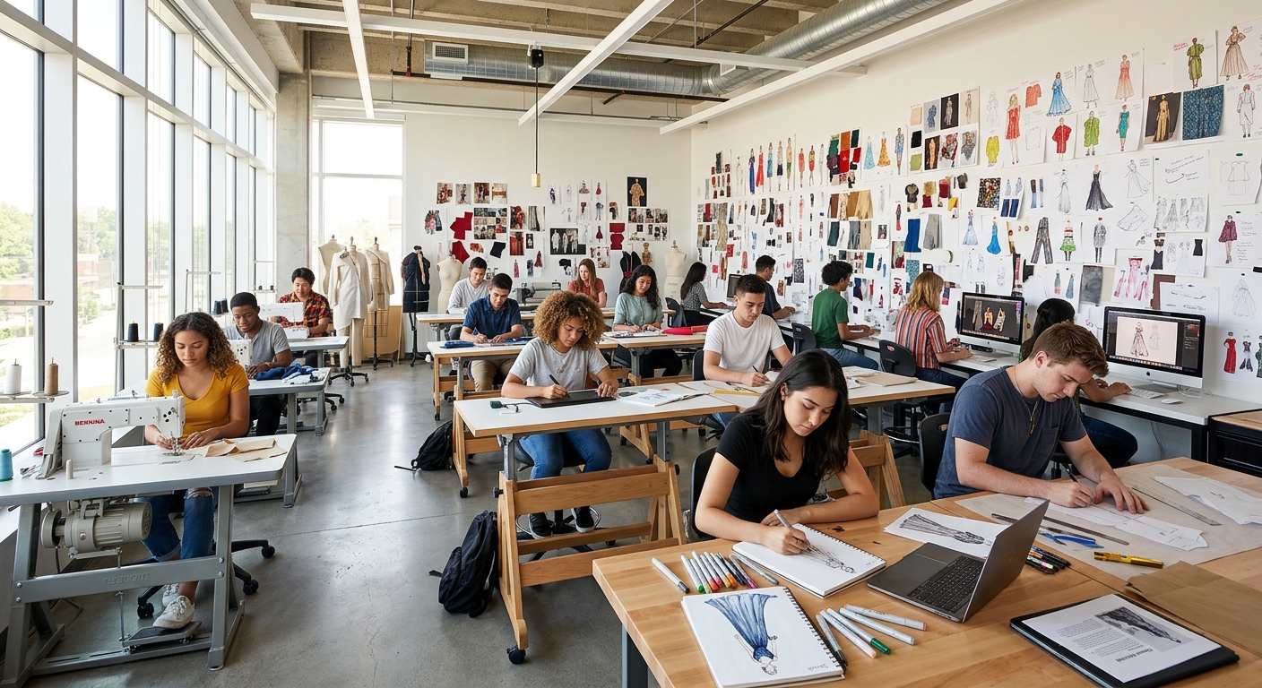 Creative art studio interior with students working at design tables, fashion sketches on walls, bright natural lighting, modern equipment
