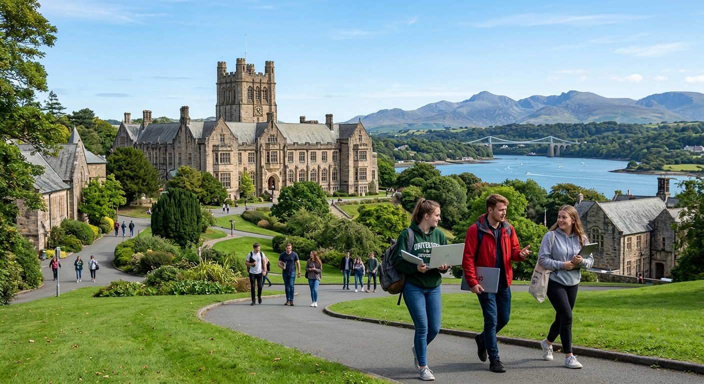 Bangor University campus with historic stone buildings nestled between Snowdonia mountains and the Menai Strait, engineering students walking through green grounds with laptops, clear Welsh sky